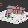 Gas Station Building With Red Exterior White Roof Fuel Pumps And Red Car