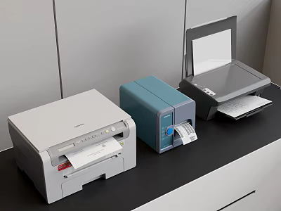 Office Appliances With White Blue Gray Printers And Label Machines For Office Workspace 3d model