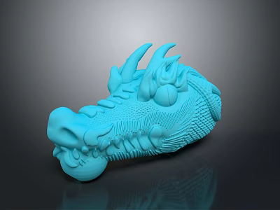 Detailed Blue Dragon Head Sculpture With Horns Eyes And Textured Surface 3d model