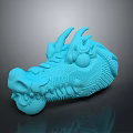 Detailed Blue Dragon Head Sculpture With Horns Eyes And Textured Surface