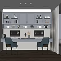 Modern Home Office With Gray Cabinets Bookshelves Two Computer Monitors Blue Chairs And Wooden Flooring