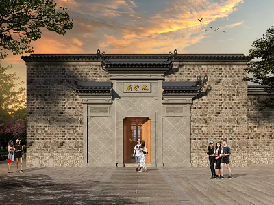 Traditional Chinese Ancient Architecture Entrance With Brick Wall Classic Roof And People Enjoying Sunset 3d model