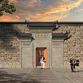 Traditional Chinese Ancient Architecture Entrance With Brick Wall Classic Roof And People Enjoying Sunset