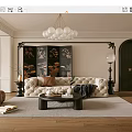 French Guest Restaurant Middle Ancient Home Guest Restaurant Multi-person Sofa Coffee Table Combination Chandelier Hanging Picture Floor Lamp Dining Table and Chair 3d model
