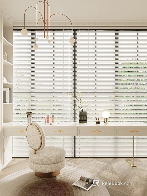 Bright Walk In Closet With White Dressing Table And Decor 3d model