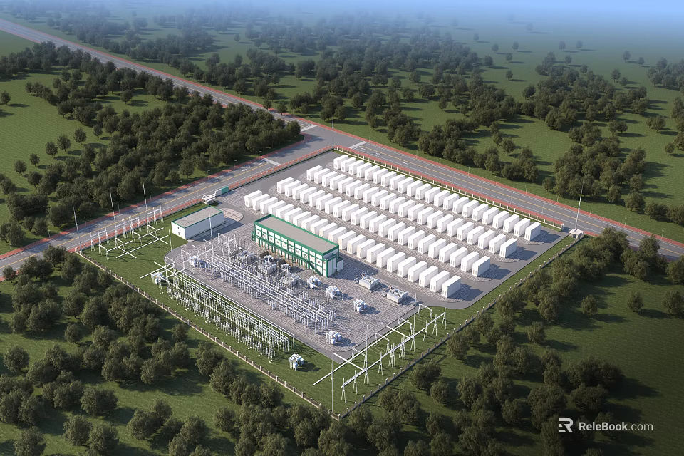 Industrial Factory Layout with Large White Buildings Surrounded by Green Trees and Road Access 3d model 