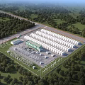 Industrial Factory Layout with Large White Buildings Surrounded by Green Trees and Road Access