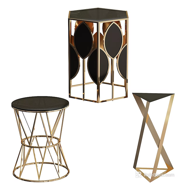 Modern Luxury Side Tables With Geometric Gold Metal Frames And Black Tabletops 3d model 
