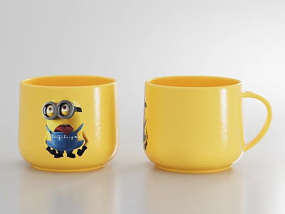 Two Yellow Ceramic Mugs With Minion Character Design For Daily Use 3d model