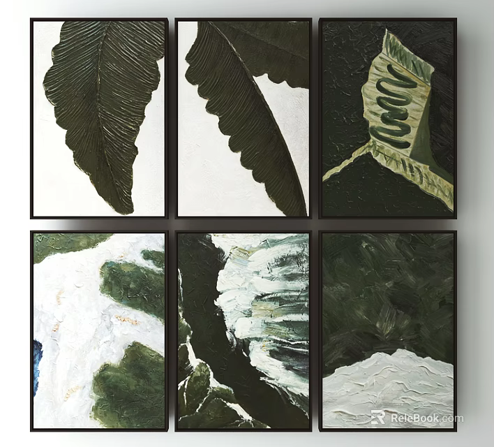 Abstract Green Leaf Art Prints With Textured Patterns For Wall Decor 3d model