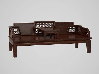 Traditional Chinese Luohan Bed With Wooden Structure Carved Patterns And Side Tables 3d model