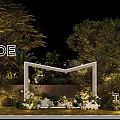 Elegant Outdoor Garden Decoration With Night Lighting Green Plants Flowers And Geometric Frame
