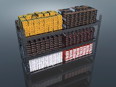 Display Shelves With Various Colored Boxes Neatly Arranged In Layers For Retail 3d model