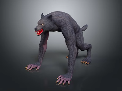 Crouching Werewolf Creature With Gray Fur Open Mouth Red Teeth Sharp Claws 3d model