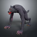 Crouching Werewolf Creature With Gray Fur Open Mouth Red Teeth Sharp Claws 3d model