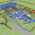 Large Scale Industrial Plant Layout Featuring Blue Pipeline System and Green Landscaped Areas