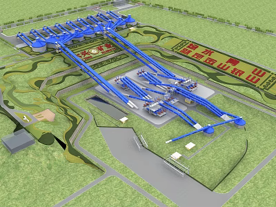 Large Scale Industrial Plant Layout Featuring Blue Pipeline System and Green Landscaped Areas 3d model