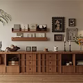 Vintage Log Style Combination TV Cabinet Bookshelf Storage Cabinet Display Cabinet Combination Low Cabinet Shelf Hanging Painting Potted Plant Ornaments 3d model