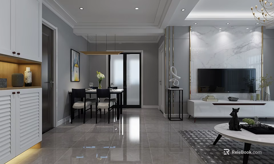 Modern Dining Room Interior With Table Chairs Pendant Light And Tile Floor 3d model 