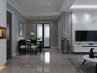 Modern Dining Room Interior With Table Chairs Pendant Light And Tile Floor 3d model