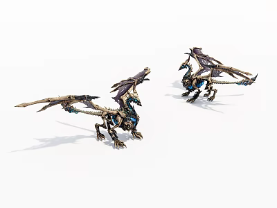 Two Detailed Dragon Figurines With Extended Wings And Metallic Design Elements 3d model