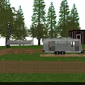 Silver Camper Van On Wooden Platform In Green Grassland With Trees Tent And Outdoor Chairs