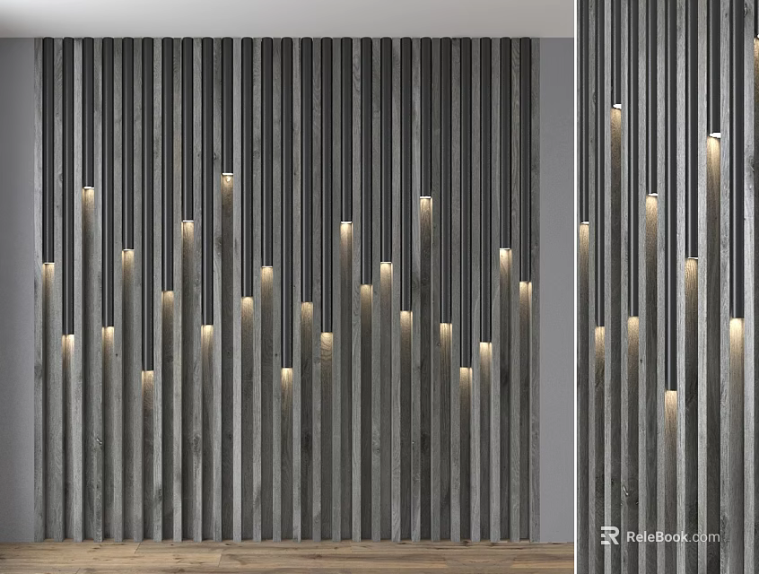 Modern Background Wall With Vertical Wooden Slats And Warm LED Lighting Creating Elegant Ambient Interior 3d model 