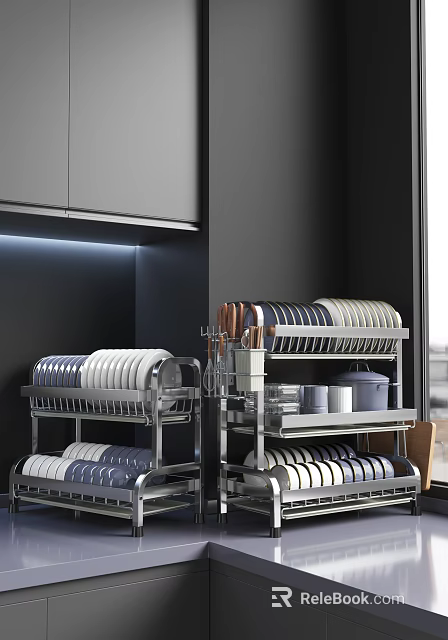 Modern Kitchenware Storage With Stainless Steel Racks Plates Knives And Pots 3d model 