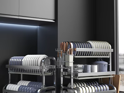Modern Kitchenware Storage With Stainless Steel Racks Plates Knives And Pots 3d model