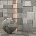 Building Exterior Wall With Gray Square Panels And Decorative Spherical Design 3d model