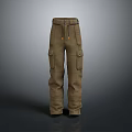 Khaki Cargo Pants With Multiple Pockets And Adjustable Waist Belt 3d model