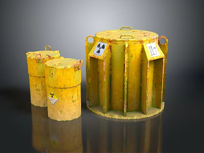 Yellow Rusty Radioactive Waste Barrels With Radiation Warning Signs For Storing Hazardous Materials 3d model