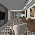 Modern Dining Living Room Interior With Brown Sofa Dining Table Artwork And Floor Lamp 3d model