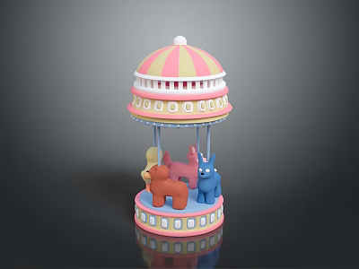 Colorful Mini Carousel Toy With Pink White Striped Canopy And Colored Animal Figures 3d model
