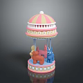 Colorful Mini Carousel Toy With Pink White Striped Canopy And Colored Animal Figures