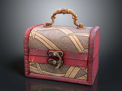 Vintage Red Chest With Gold Bamboo Leaf Pattern And Decorative Handle Lock 3d model