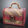 Vintage Red Chest With Gold Bamboo Leaf Pattern And Decorative Handle Lock