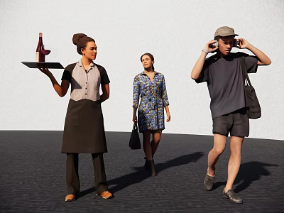 Woman In Apron Carrying Tray With Wine Glass And Another Walking With Handbag 3d model