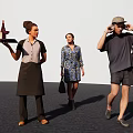 Woman In Apron Carrying Tray With Wine Glass And Another Walking With Handbag