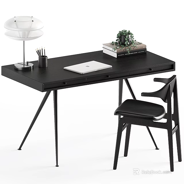 Modern Office Desk Setup With Laptop Pen Holder Lamp Books Plant And Chair 3d model 