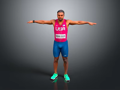 Man in Pink USA Athletics Vest Blue Shorts and Green Sneakers with Arms Outstretched 3d model