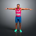 Man in Pink USA Athletics Vest Blue Shorts and Green Sneakers with Arms Outstretched