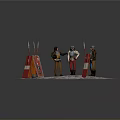 Men wearing medieval costumes holding flags with armored man on snowy gravel ground