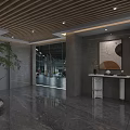 Elevator Lobby With Wooden Ceiling Marble Floor Gray Walls White Table And Wall Art
