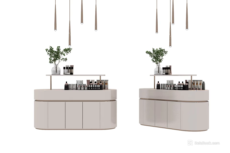 Modern White Display Shelves with Products Green Plants and Hanging Lights 3d model 