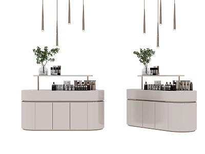 Modern White Display Shelves with Products Green Plants and Hanging Lights 3d model