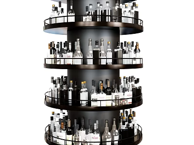 Wine Bottles And Glasses On Rotating Multi Tiered Circular Shelf 3d model