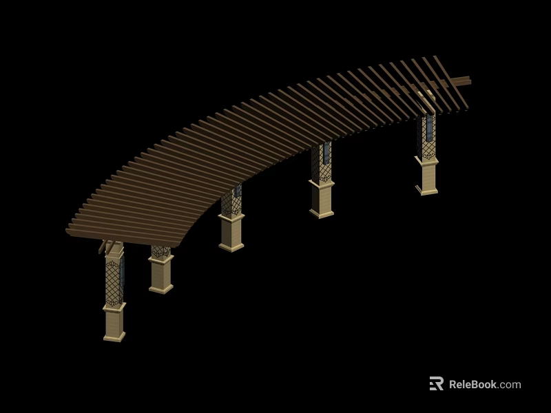 Outdoor Curved Pergola Structure With Decorative Columns And Wooden Slats 3d model 