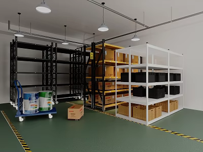Warehouse Storage Shelves in Black Yellow White with Utility Cart and Cardboard Boxes 3d model