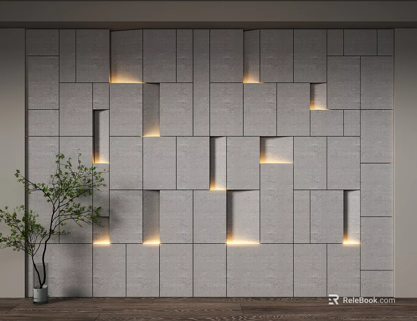 Modern Gray Geometric Block Background Wall With Recessed Lighting And Potted Green Plant 3d model 